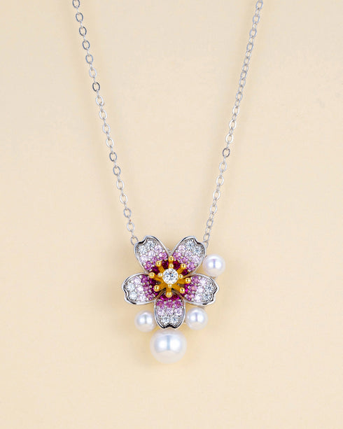 3–7mm Freshwater Pearl Floral Zirconia Pendant Necklace